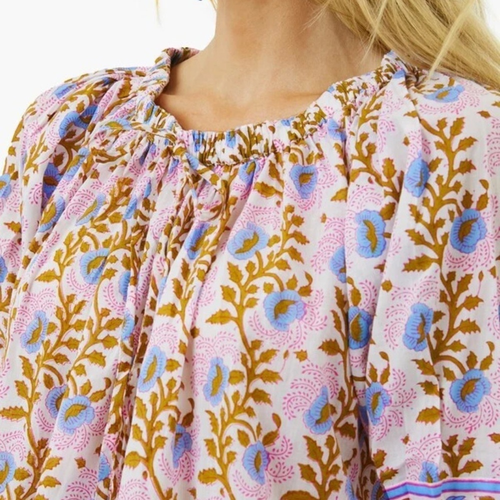 SZ BLOCKPRINTS, LUXURY, Floral Blouse - Pink, Blue, Brown, puff sleeve, Medium